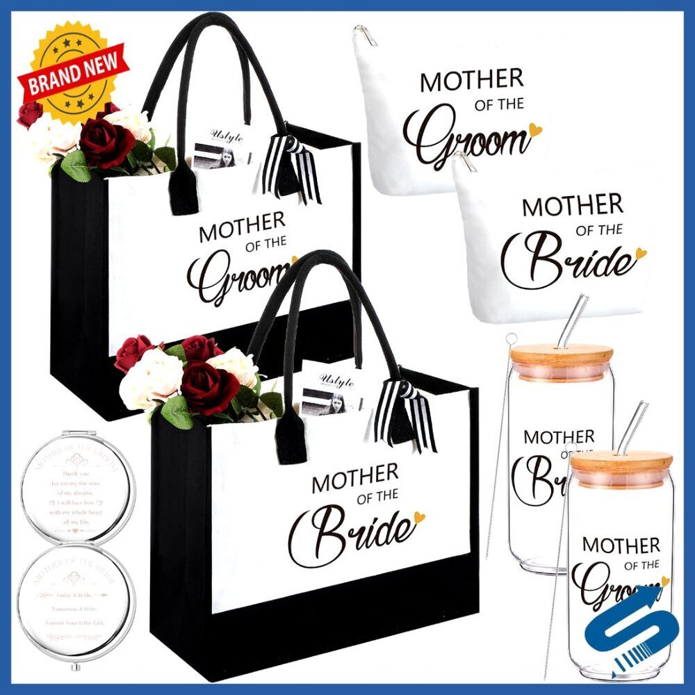Wedding Gift Set Canvas Tote Glass Cup Makeup Bag Mirror Elegant Sophisticated